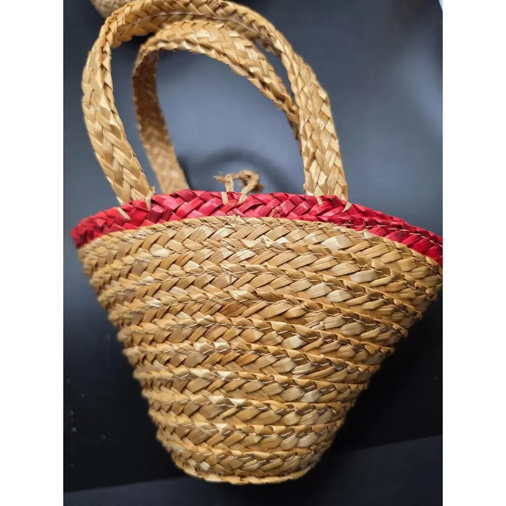 Mid-century child's woven raffia embroidered handbag
